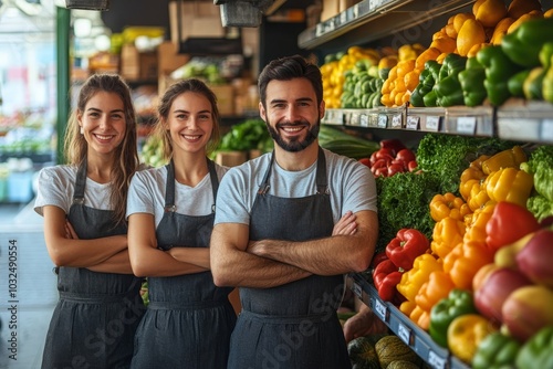 Happy store employees standing in front of their grocery store, Generative AI