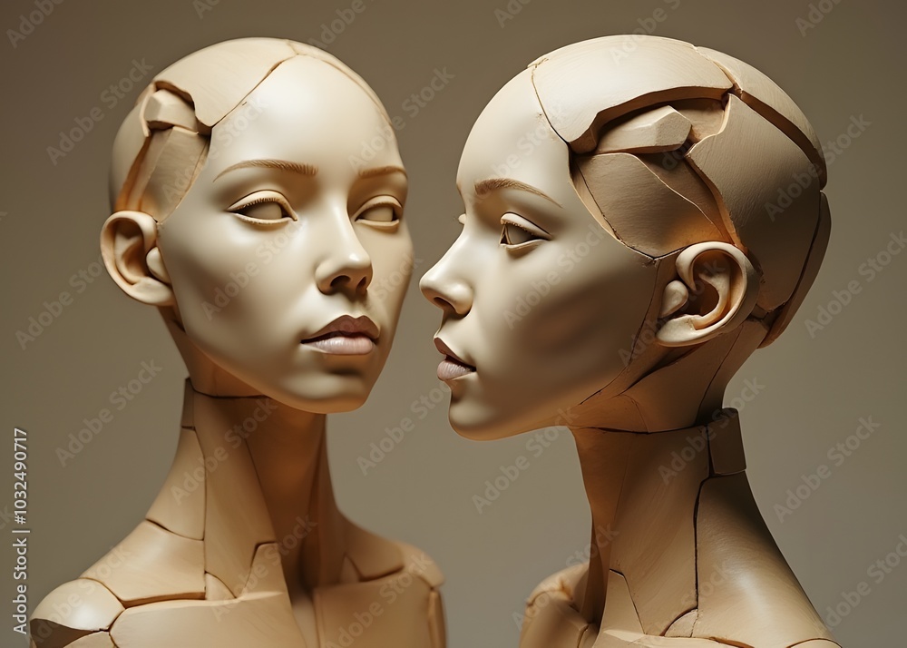 Artificial human heads made from wood generated by AI for puzzle creations. Artificial human heads made from wood generated by AI for puzzle creations.