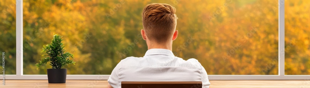 Student procrastinating, sitting at a desk but staring out the window instead of working, lazy, procrastination Student procrastinating, sitting at a desk but staring out the window instead of working, lazy, procrastination