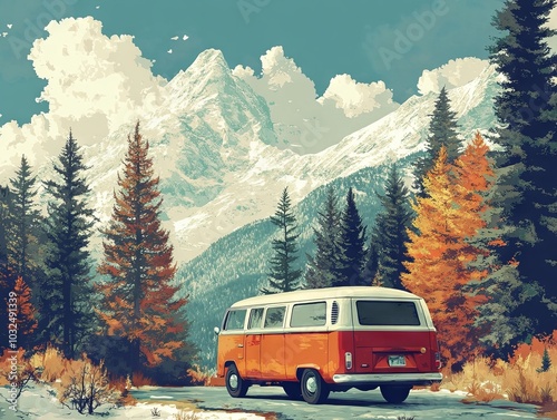 Vintage van on a scenic road through autumn forests and mountains, inspiring adventure and exploration.