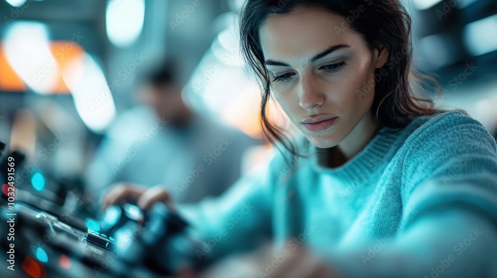 A woman intently concentrates on operating technical equipment, underscoring precision and expertise, set within a sleek and modern technological ambiance. A woman intently concentrates on operating technical equipment, underscoring precision and expertise, set within a sleek and modern technological ambiance.