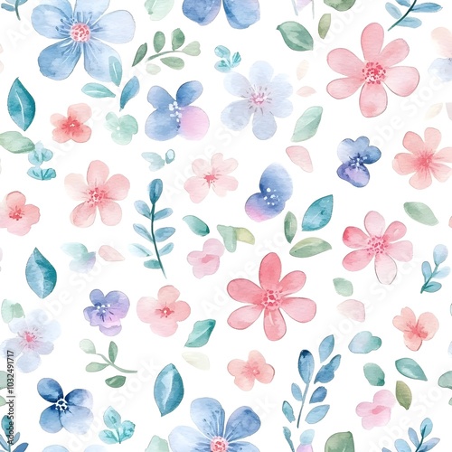 Watercolor Floral Seamless Pattern with Blue and Pink Flowers