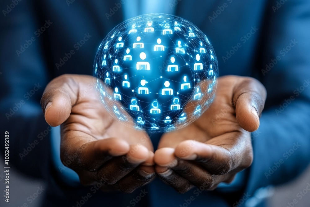 Hand holding a glowing globe with miniature human icons connected in a digital web symbolizing global connectivity technology and the future of communication Hand holding a glowing globe with miniature human icons connected in a digital web symbolizing global connectivity technology and the future of communication
