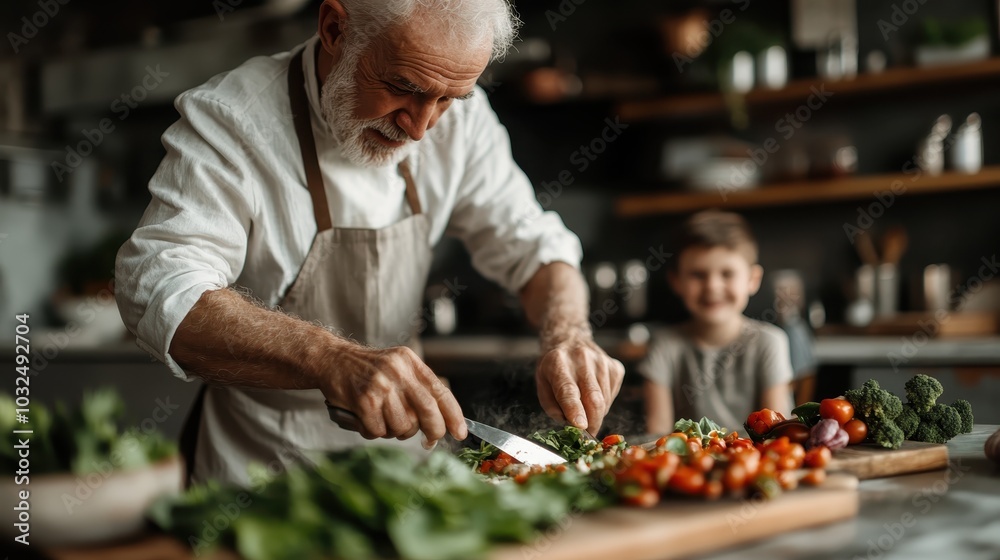A grandfather shares cooking skills with his grandson, slicing fresh vegetables on a wooden board in a lively, rustic kitchen atmosphere. A grandfather shares cooking skills with his grandson, slicing fresh vegetables on a wooden board in a lively, rustic kitchen atmosphere.