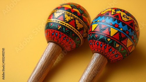 Two colorful maracas with wooden handles on a yellow background.