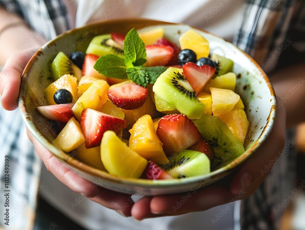 Fresh fruit salad in bowl, featuring vibrant strawberries, kiwi, pineapple, and blueberries, garnished with mint leaves, evokes sense of health and vitality Fresh fruit salad in bowl, featuring vibrant strawberries, kiwi, pineapple, and blueberries, garnished with mint leaves, evokes sense of health and vitality