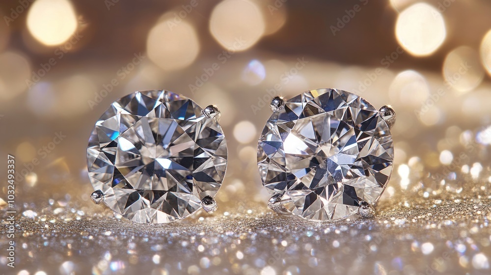 Two sparkling diamonds on a glittering surface with a blurred bokeh background. Two sparkling diamonds on a glittering surface with a blurred bokeh background.
