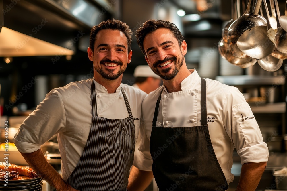 Obraz premium Restaurant manager with chef in kitchen, Generative AI