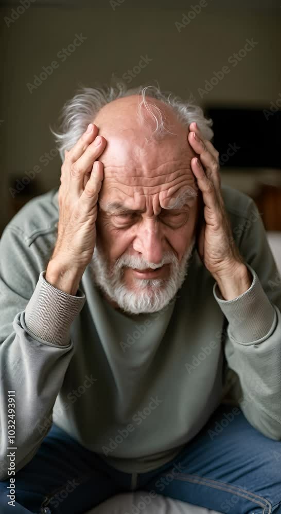 Desperate senior man is holding his head, suffering from anxiety Desperate senior man is holding his head, suffering from anxiety