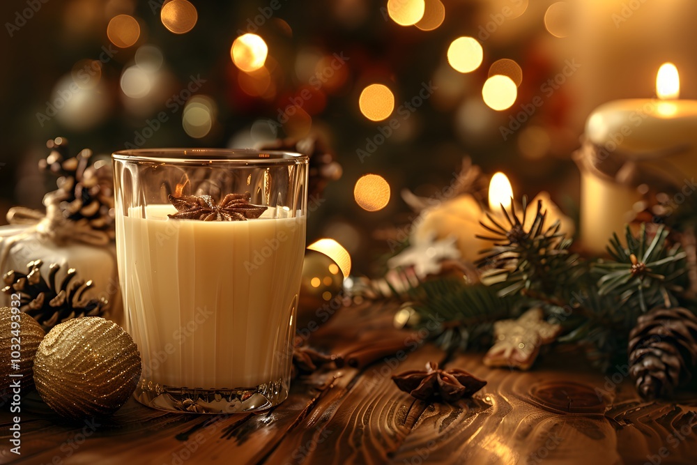 Cozy Holiday Scene with Creamy Drink and Festive Decorations Cozy Holiday Scene with Creamy Drink and Festive Decorations
