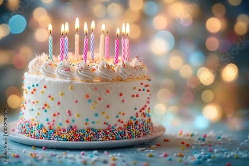 Festive birthday cake with colorful sprinkles and lit candles, set against a vibrant bokeh background, perfect for celebrations. photo