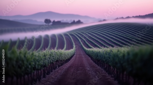 Rows of vibrant vineyards stretch into the distance against a backdrop of misty hills during dawn, capturing the tranquil beauty and promise of a new day ahead.