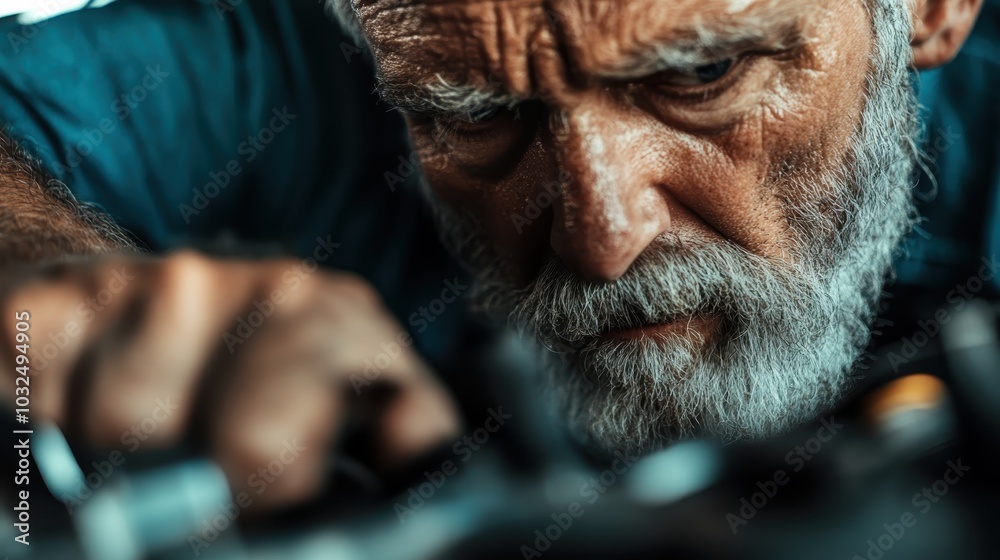 An elderly man is portrayed meticulously adjusting a mechanical device, reflecting concentration and expertise, in a close-up shot that emphasizes hands-on precision. An elderly man is portrayed meticulously adjusting a mechanical device, reflecting concentration and expertise, in a close-up shot that emphasizes hands-on precision.