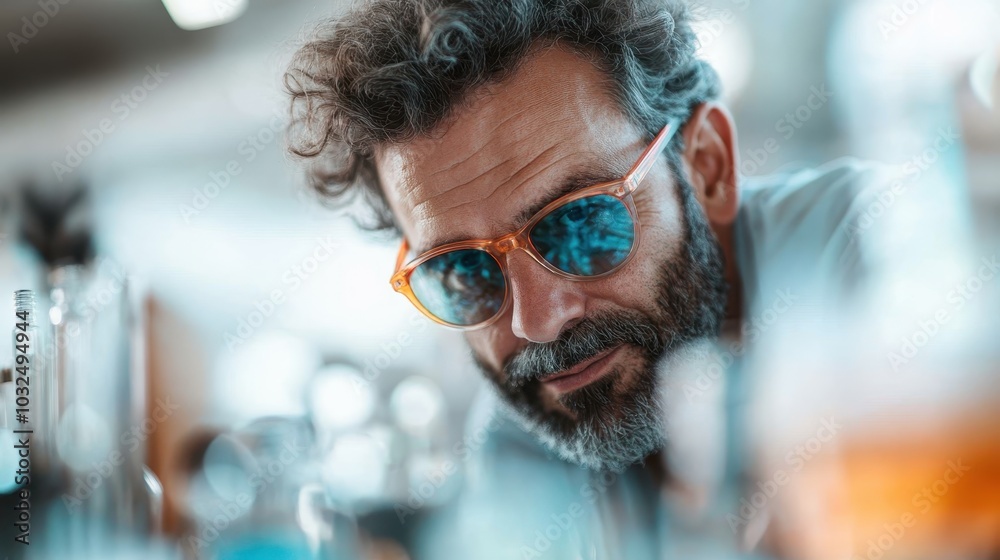A stylish scientist in a lab, wearing tinted goggles, looking intently at laboratory equipment. The setting is modern with an emphasis on experimentation. A stylish scientist in a lab, wearing tinted goggles, looking intently at laboratory equipment. The setting is modern with an emphasis on experimentation.