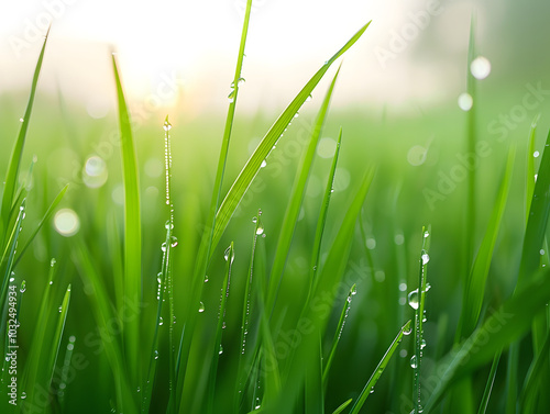 Fresh morning dew glistens on vibrant green grass blades, capturing essence of natures beauty and tranquility. soft focus enhances serene atmosphere of this peaceful scene