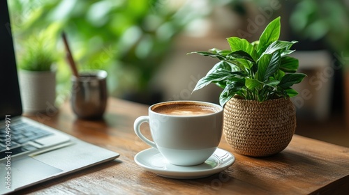 Minimalist workspace with computer and coffee cup