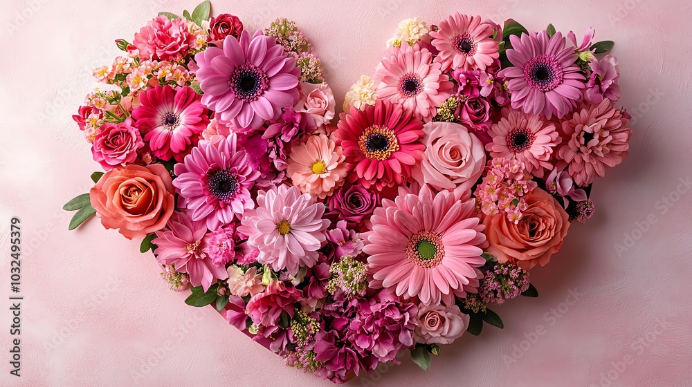 Heart-shaped arrangement of pink flowers on soft background Heart-shaped arrangement of pink flowers on soft background