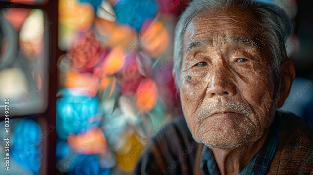 A backdrop of diverse colors enhances an Asian scholar's introspective pose, signifying his educational achievements A backdrop of diverse colors enhances an Asian scholar's introspective pose, signifying his educational achievements