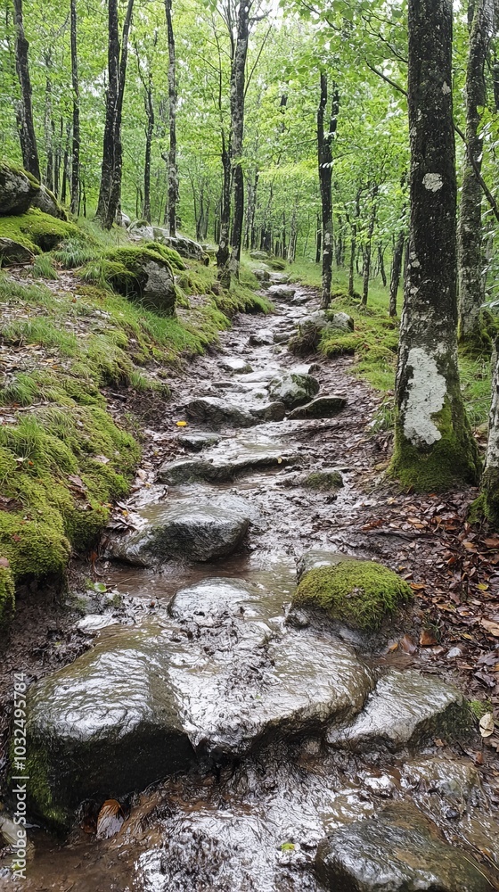 Naklejka premium A stone path winds through a lush green forest, with a small stream running alongside it.