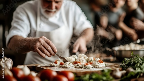 An experienced chef skillfully prepares ravioli using fresh ingredients, his culinary expertise evident in the meticulous handling of dough and toppings in a bustling kitchen. photo