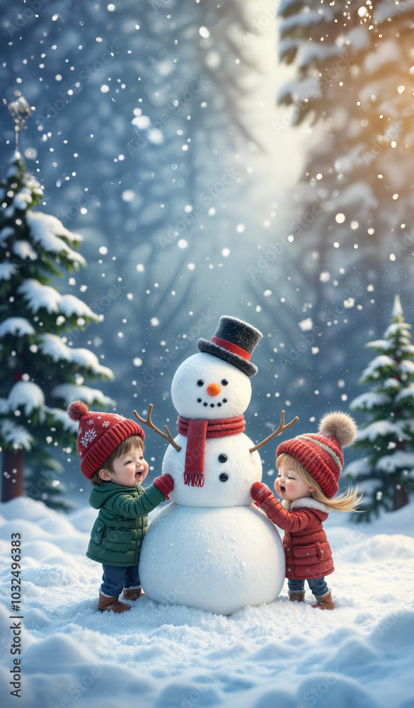Fototapeta premium Cheerful Snowman Christmas Card: A Festive Winter Scene with Snowflakes, a Decorated Tree, and a Smiling Snowman in a Hat and Scarf, Spreading Holiday Joy in a Fun, Illustrated Winter Wonderland.