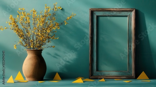 A still life composition featuring a refined wooden frame next to a ceramic vase filled with lively yellow flowers, infused with natural light and shadow play. photo