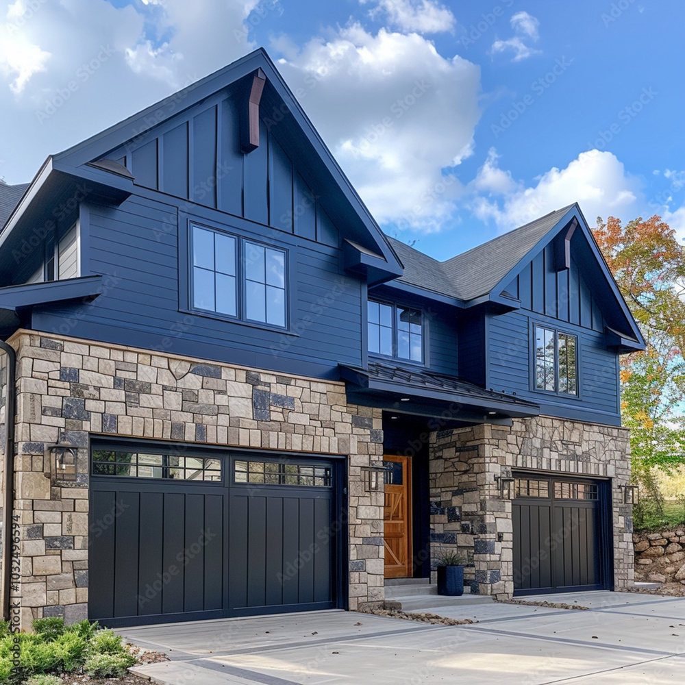 Luxurious new construction home, modern style home two car garage, blue siding natural stone wall, Luxurious new construction home, modern style home two car garage, blue siding natural stone wall,