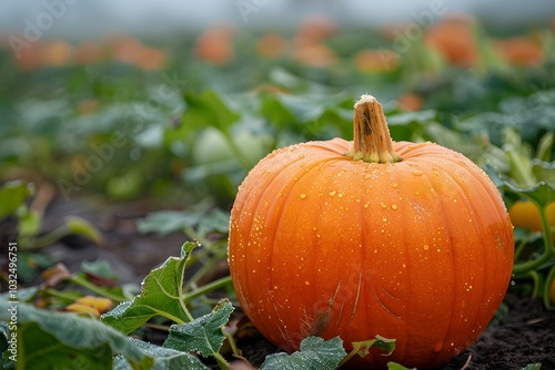 Vibrant Pumpkin Glistening with Dew in a Lush Field