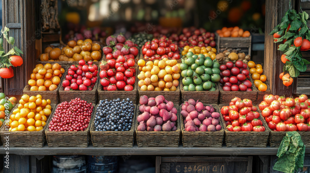 Obraz premium A colorful display of fresh fruits arranged in baskets at a market, showcasing a variety of vibrant produce
