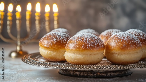 Traditional Jewish sufganiyot doughnuts with sugar photo