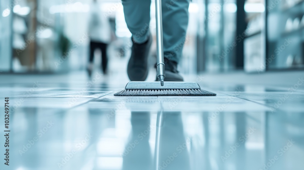 A person is seen pushing a mop on a polished floor, with only the footwear visible, underscoring meticulous cleaning in a well-maintained environment. A person is seen pushing a mop on a polished floor, with only the footwear visible, underscoring meticulous cleaning in a well-maintained environment.