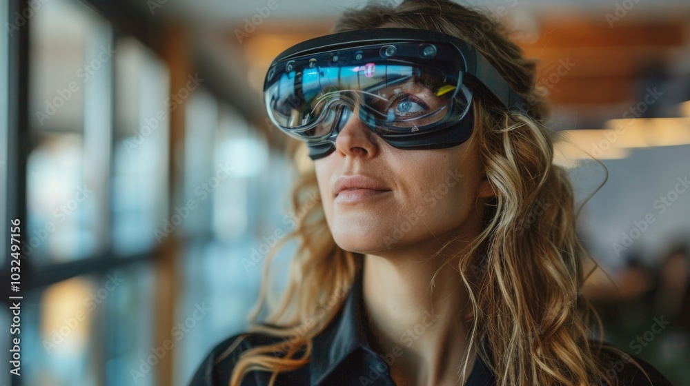 Professional in a modern office, wearing a headset, using an advanced AR interface for managing projects Professional in a modern office, wearing a headset, using an advanced AR interface for managing projects