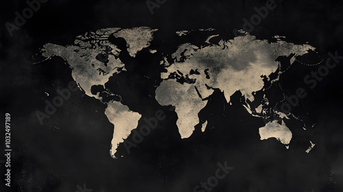 World map illustration on black background, minimalistic design, clear geographical outlines, striking contrast, modern aesthetic