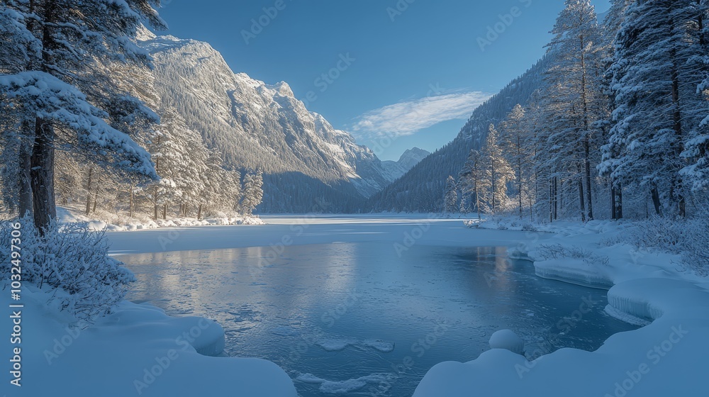 Winter mountain landscape with frozen lake