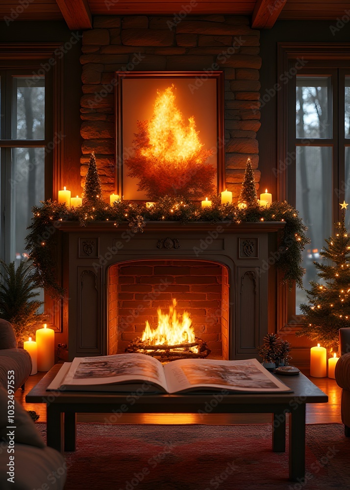 Fireplace area features festive table space for displaying generated AI artworks nearby. Fireplace area features festive table space for displaying generated AI artworks nearby.
