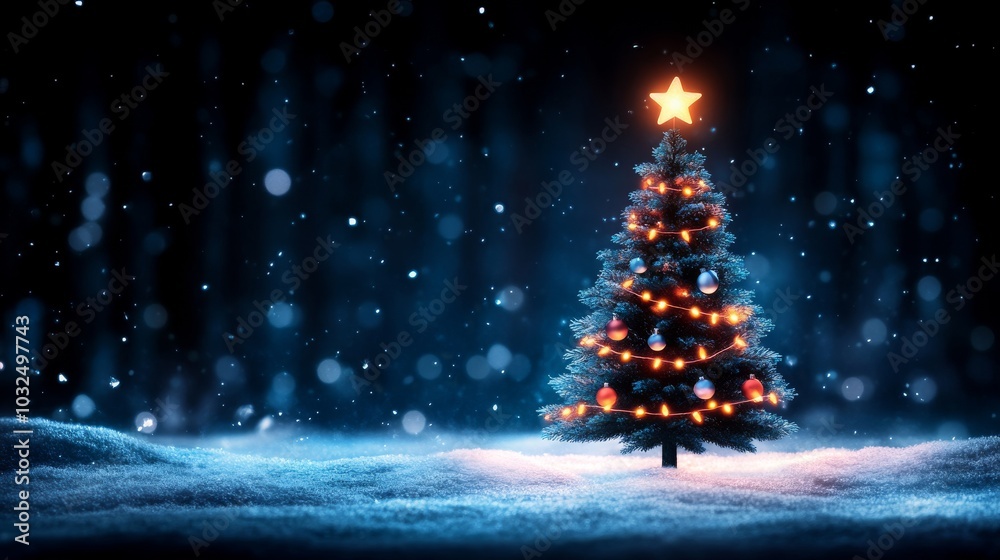Festive Christmas tree glowing in a snowy landscape