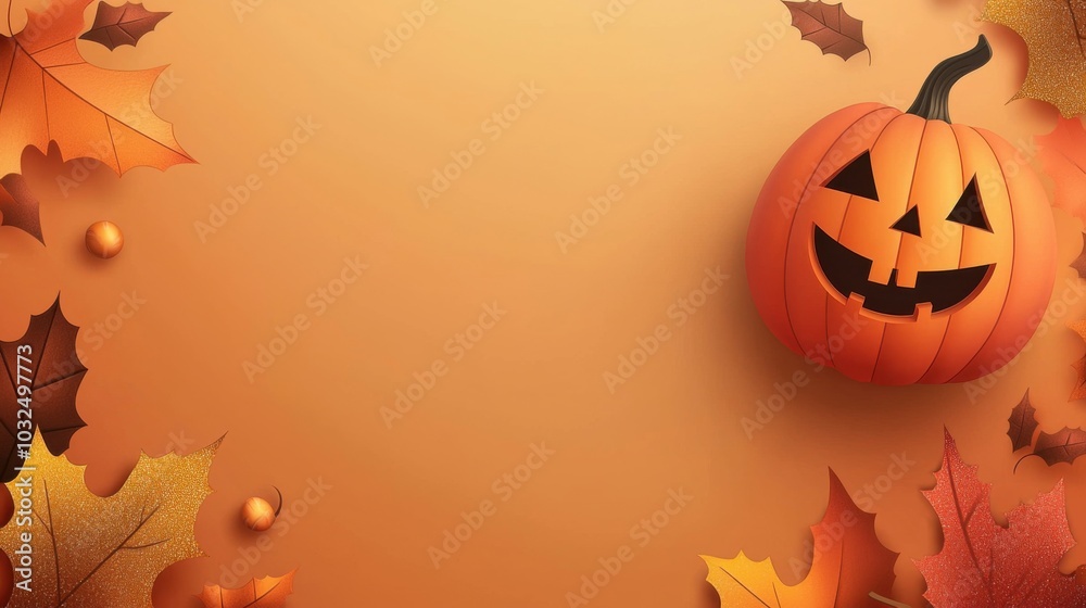 A vibrant Halloween scene featuring a carved pumpkin surrounded by autumn leaves on a warm, orange background. A vibrant Halloween scene featuring a carved pumpkin surrounded by autumn leaves on a warm, orange background.