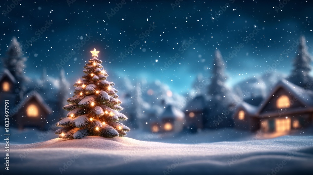 Obraz premium Snow-covered Christmas tree glowing in a winter wonderland