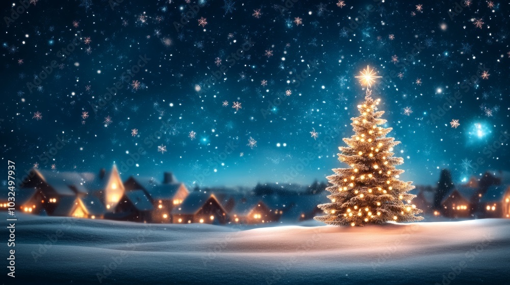 Enchanting Christmas tree glowing in a snowy village night Enchanting Christmas tree glowing in a snowy village night