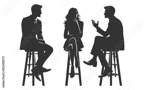 Silhouettes of three men and woman sitting on stools engaged in conversation against vector image
