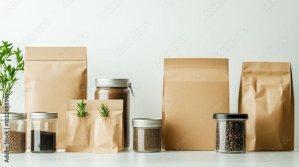 A contemporary packaging setup featuring eco-friendly paper bags and cans, showcasing sustainable branding ideas on a white background. A contemporary packaging setup featuring eco-friendly paper bags and cans, showcasing sustainable branding ideas on a white background.