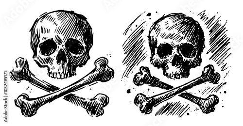 sketch set of human skulls with crossed bones in black vector