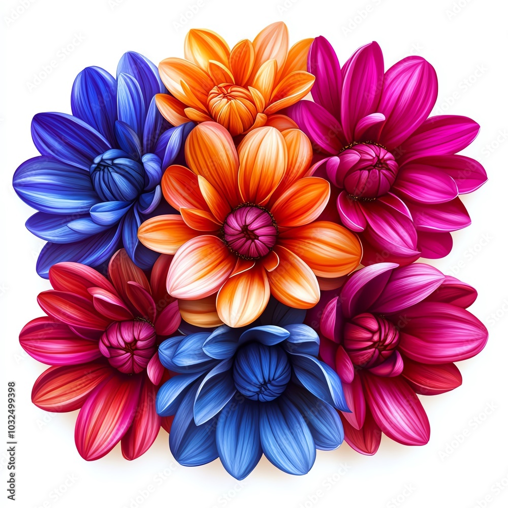 Obraz premium A vibrant arrangement of colorful flowers, featuring shades of blue, pink, orange, and purple, showcasing intricate details and natural beauty.
