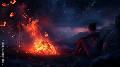 A solitary figure gazes into a vibrant campfire under a starry night sky in a tranquil outdoor setting