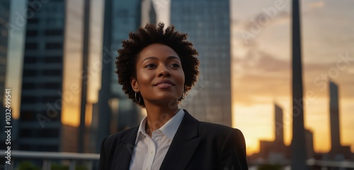Happy wealthy rich successful black businesswoman standing in big city modern skyscrapers street on sunset thinking of successful vision, dreaming of new investment opportunitie