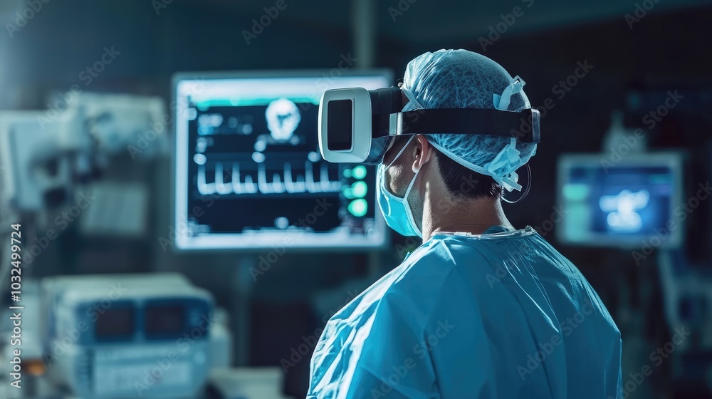 A doctor controlling a robotic surgery tool via virtual reality in a cutting-edge medical facility.