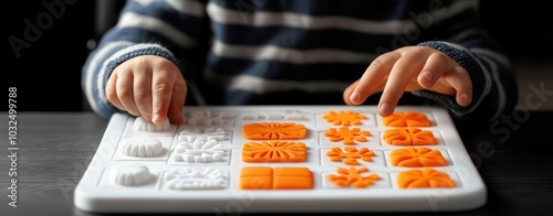 Child engaging with colorful sensory toys on a wooden surface. photo