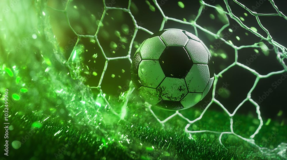 Naklejka premium Soccer Ball Goal Net Green Particles Dramatic Sport Action