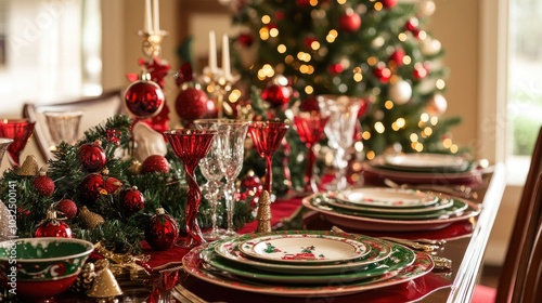 A festive Christmas dining table setup with traditional red and green decor, complete with holiday-themed dinnerware and sparkling centerpieces. photo