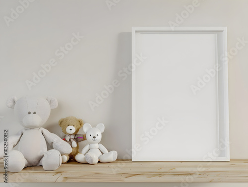 cozy scene featuring empty white picture frame on wooden shelf, accompanied by soft teddy bears. This setup evokes warm and inviting atmosphere, perfect for childs room or nursery